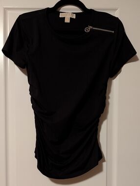 Michael Kors Black Short Sleeve Ruched Top with Zip Accent